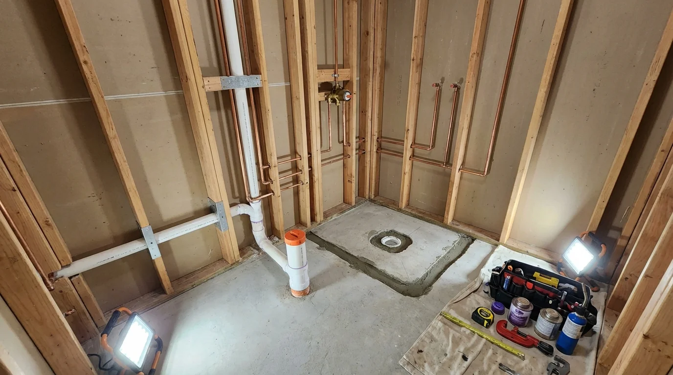 Bathroom rough-in plumbing during remodel by Johns Plumbing LLC in Fredericktown