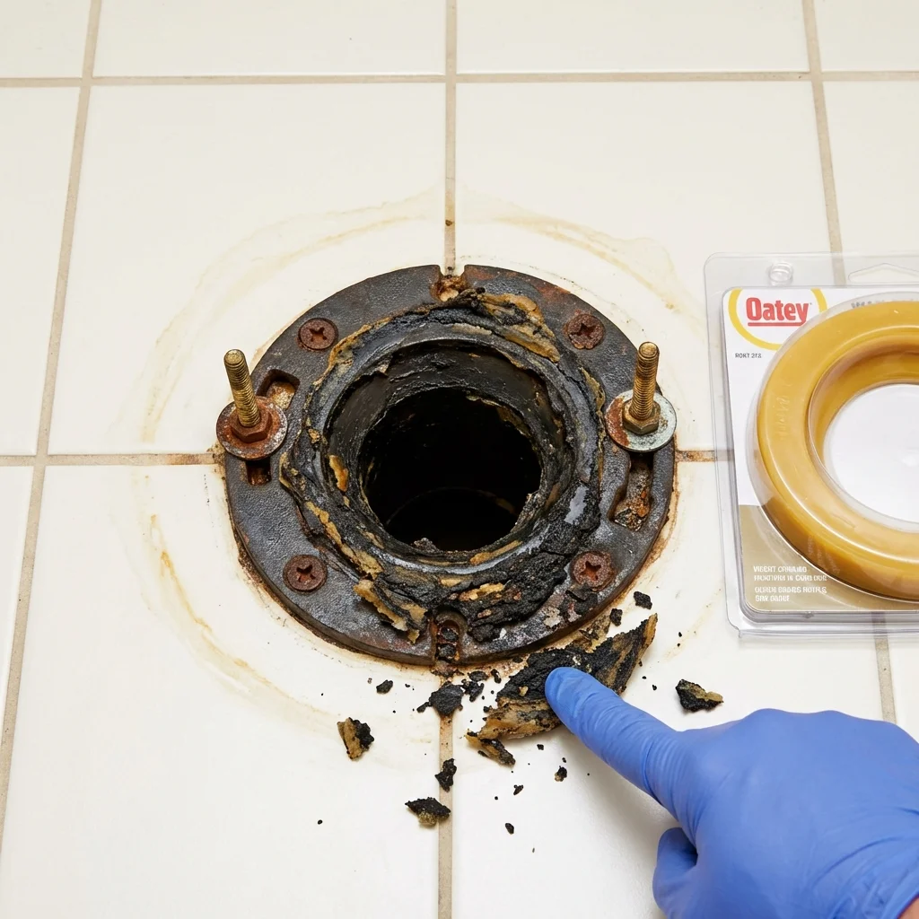 Failed wax ring showing water seepage at the base of a toilet in a Fredericktown, MO home